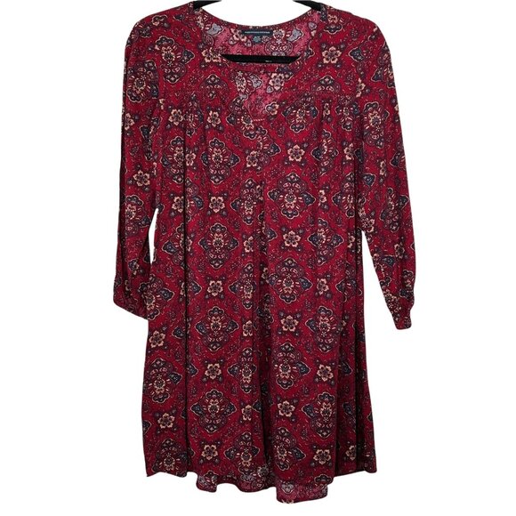 American Eagle XS Red Boho Floral Puff Sleeve Mini Dress - Picture 1 of 12